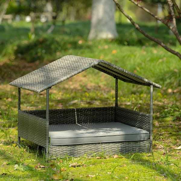 Dark Gray Medium Outdoor PE Wicker Pet Bed with Canopy B327418