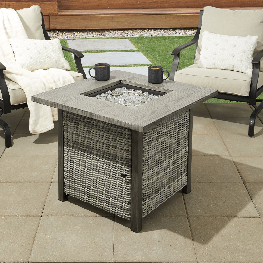 30” Square Wicker Propane Gas Fire Pit Table with Lava Rocks Z265283