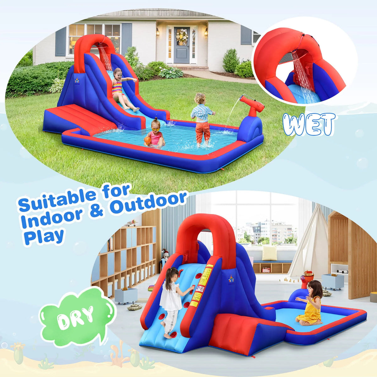 Inflatable Waterslide with Climbing Wall Slide Splash Pool Swim Rings Y20383
