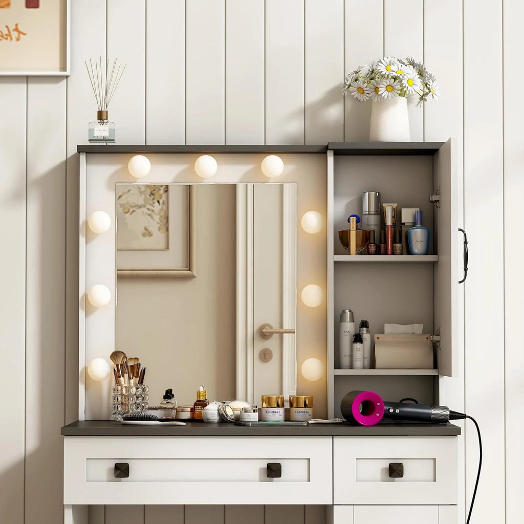 31.5" Makeup Vanity Desk with Lights and Bench Set E592