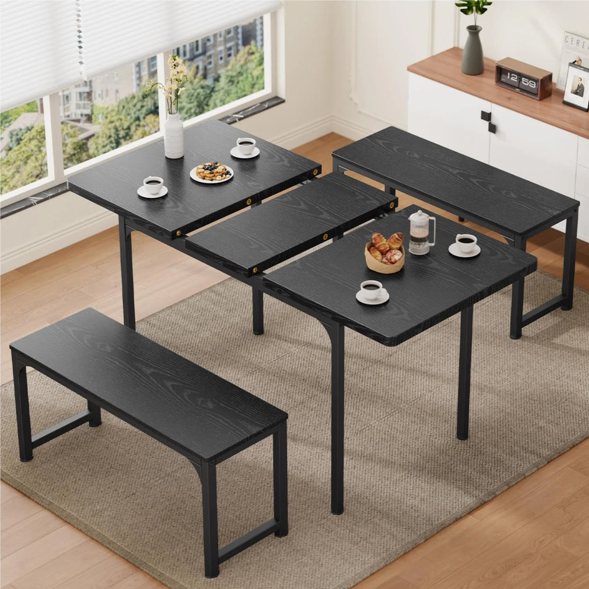Black Extendable Dining Table Set with 2 Benches K99149