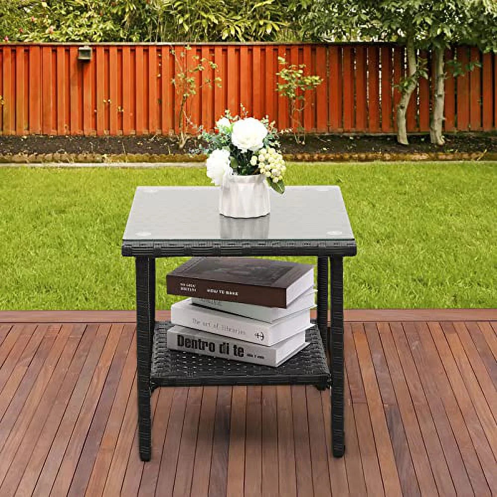 Black Wicker Glass Top Side Table with Storage B1599