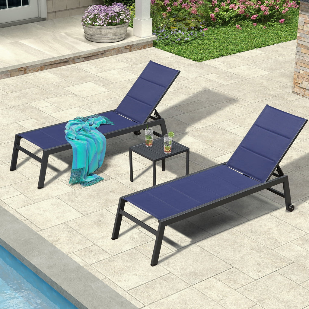 Navy Blue Aluminum 3 Piece Chaise Lounge Set with Wheels and Side Table Y4401