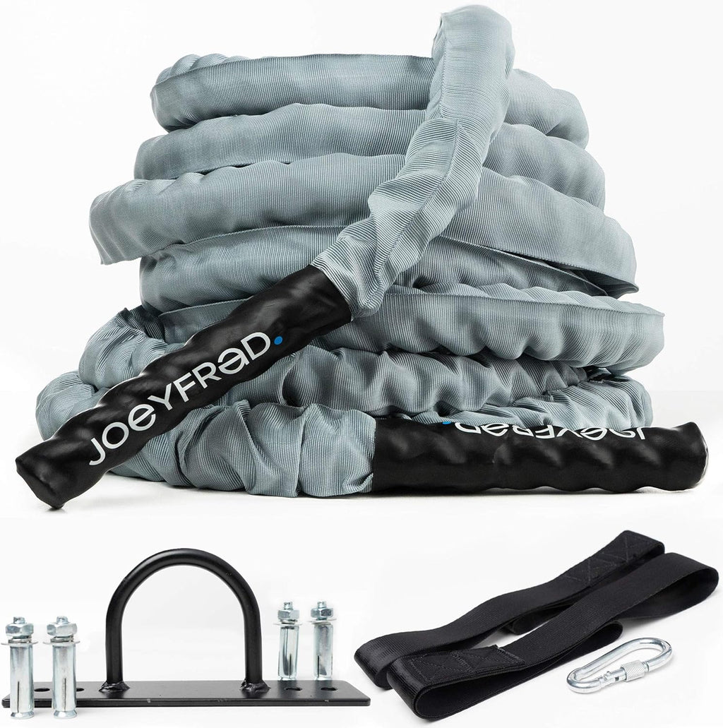 Battle Rope 30ft Length 100% Dacron Heavy Weighted Rope with Wall Anchor 2 Anchor Straps 1 Carabiner Y36894