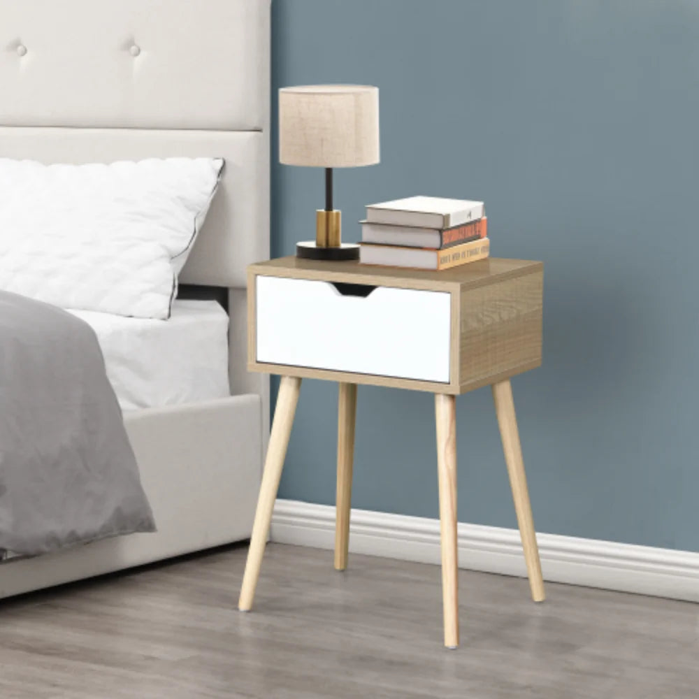 White 1 Drawer Side Table with Rubber Wood Legs S18748