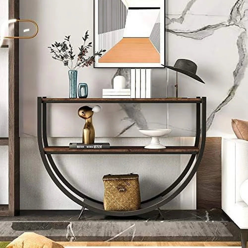 48" Demilune Shape Console Table with Open Shelf Rustic Brown X1115