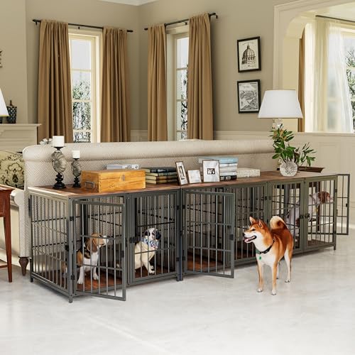 84inch Wooden Dog Crate with Three Doors and Removable Tray Rustic Brown H776