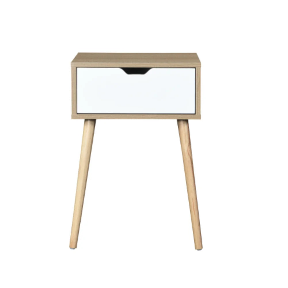 White 1 Drawer Side Table with Rubber Wood Legs S18748