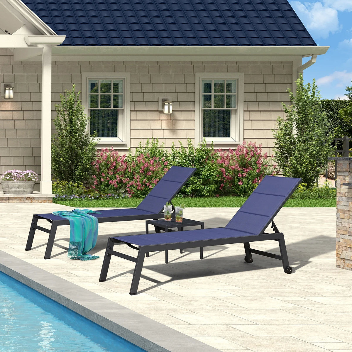 Navy Blue Aluminum 3 Piece Chaise Lounge Set with Wheels and Side Table Y4401