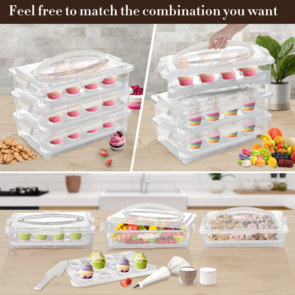 3-Tiers Cupcake Carrier White with Lid And Handle D827