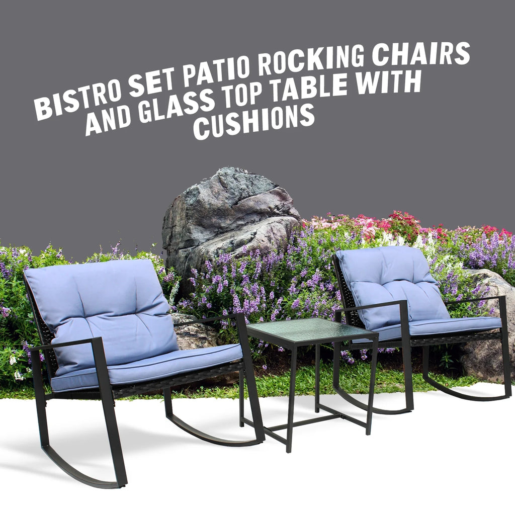 Black Wicker 3-Piece Rocking Chair Set with Glass Table P64314