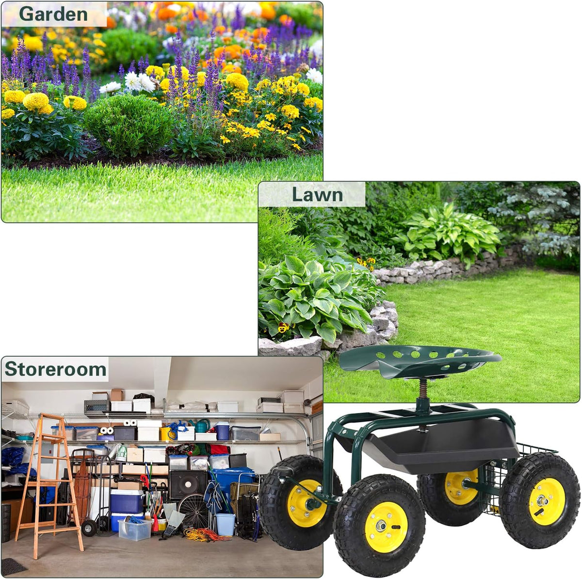 Rolling Garden Stool Cart with Tool Storage Utility Basket T282