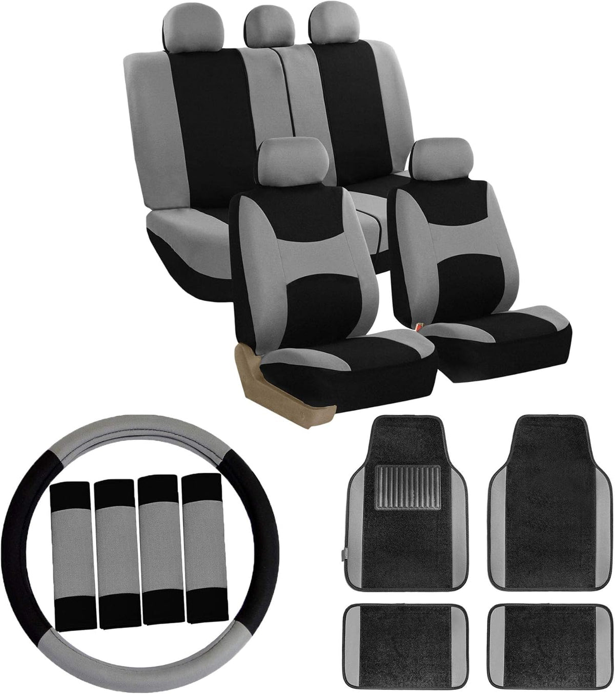 Orange Car Seat Covers Full Set with Carpet Floor Mats Steering Wheel Cover and Seat Belt Pads N22037