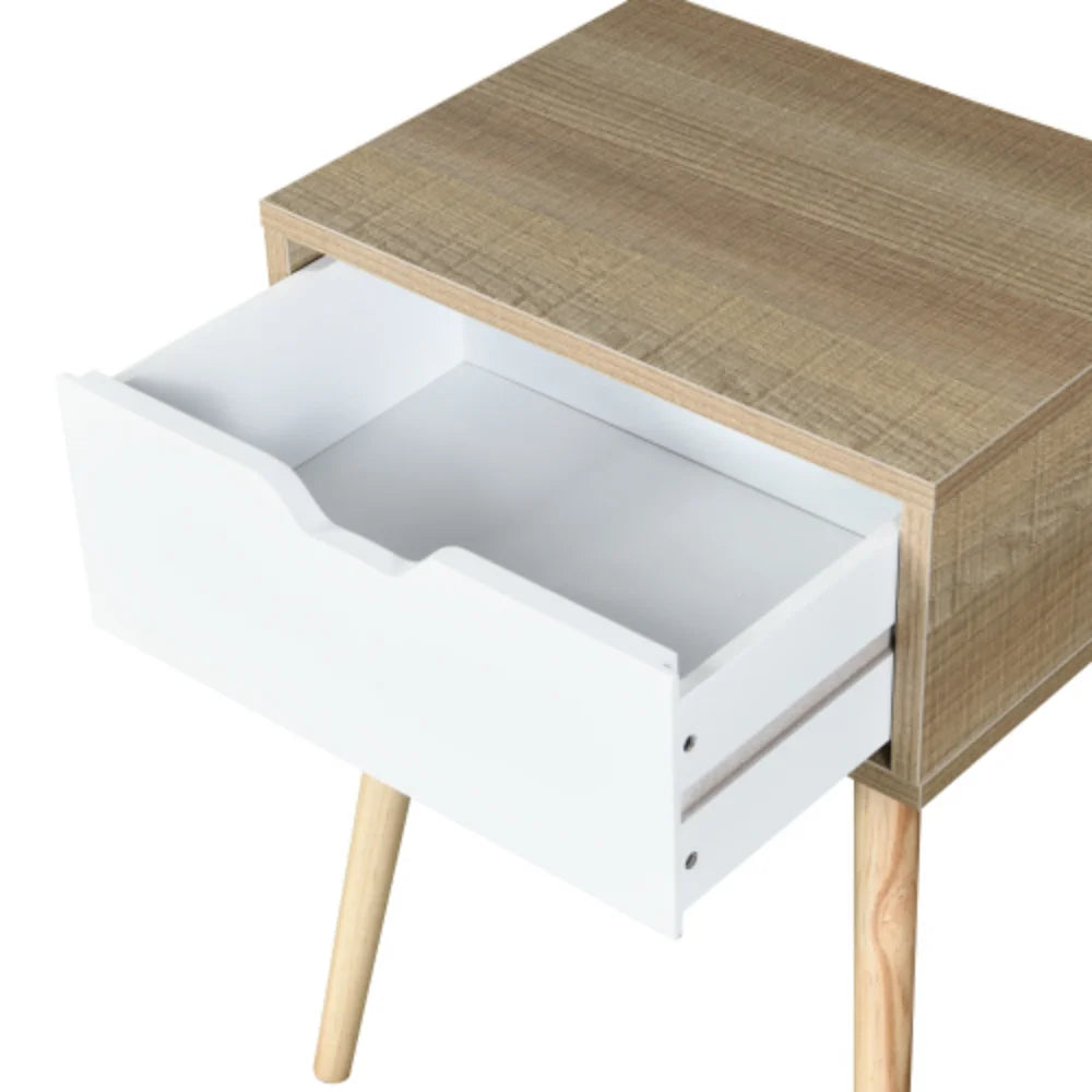 White 1 Drawer Side Table with Rubber Wood Legs S18748