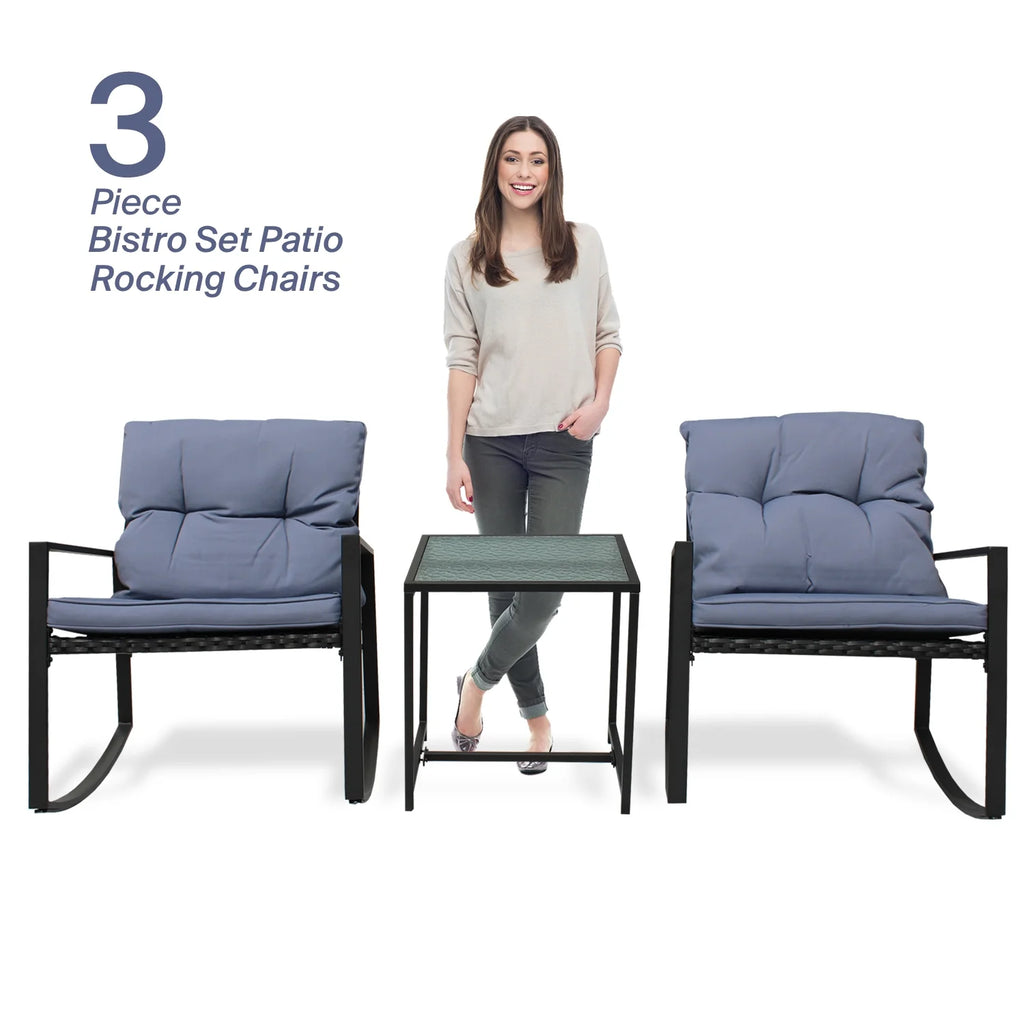 Black Wicker 3-Piece Rocking Chair Set with Glass Table P64314