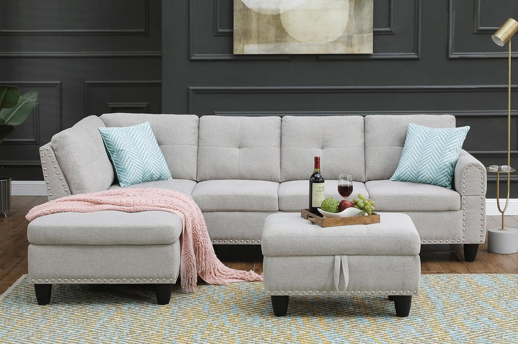 Light Gray L-Shaped Upholstered Sofa & Chaise with Storage Ottoman and Cup Holders D279