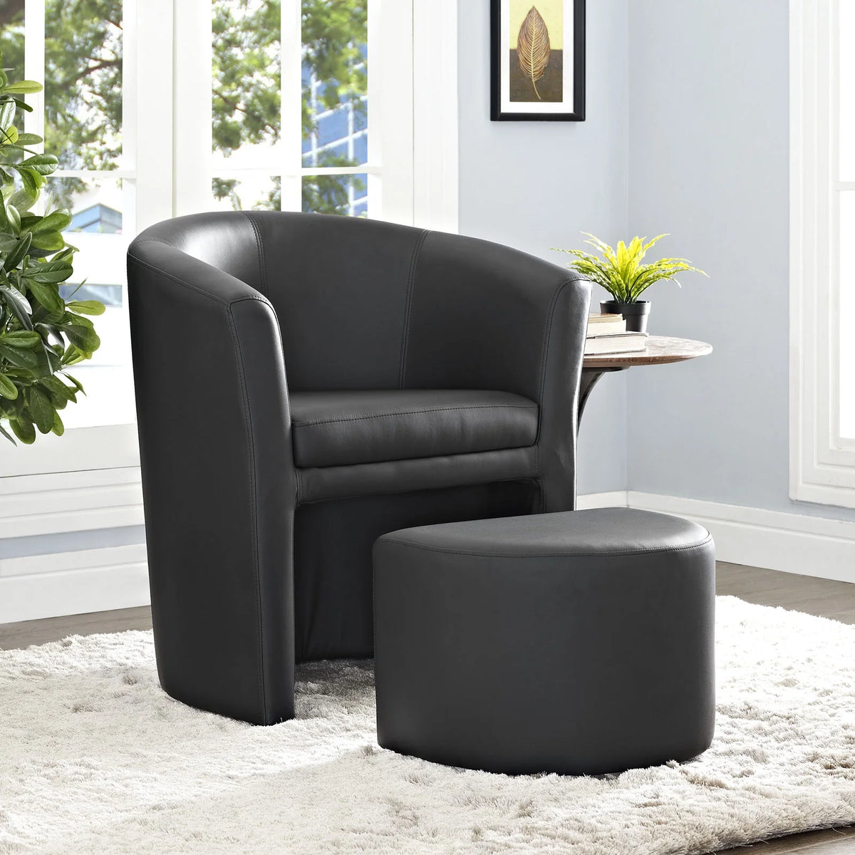 Black Faux Leather Armchair and Ottoman D895