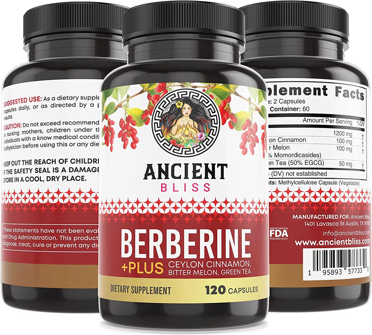 Berberine HCL 1200mg with Ceylon Cinnamon, Bitter Melon, Green Tea Extract 120 Capsules S436392
