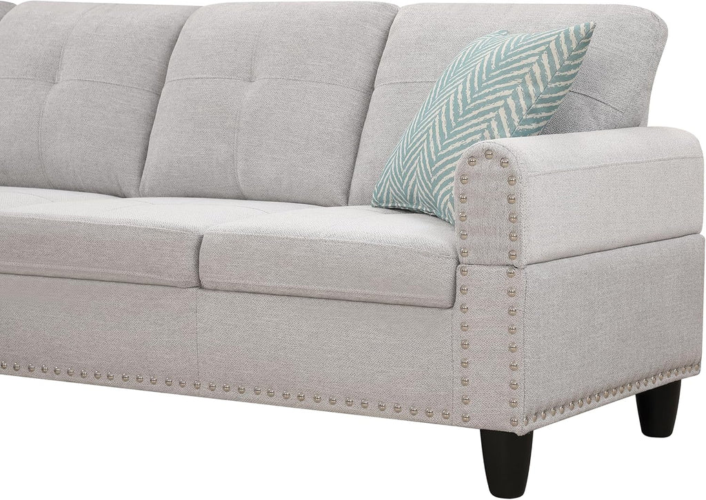 Light Gray L-Shaped Upholstered Sofa & Chaise with Storage Ottoman and Cup Holders D279