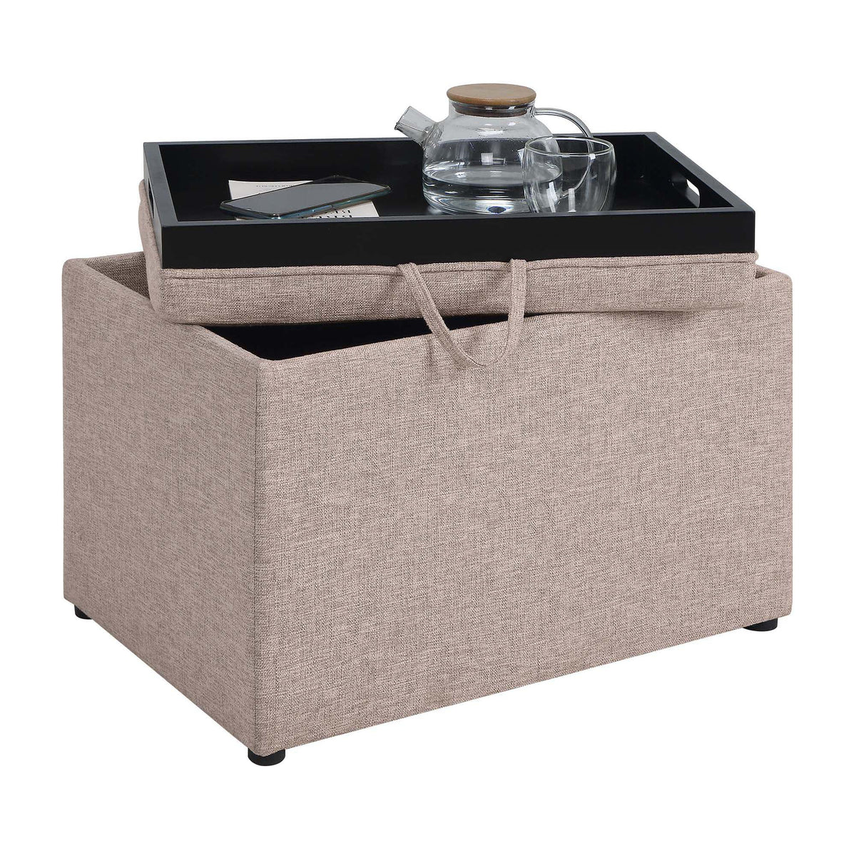 Tan Fabric Storage Ottoman with Reversible Tray F836161