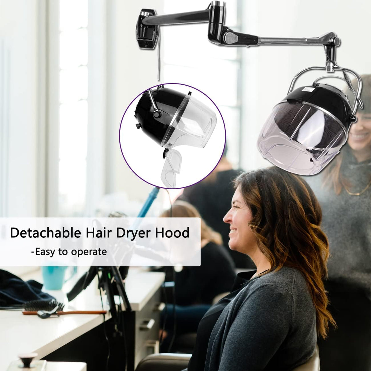 Retractable Wall Mounted Hair Hood Dryer with Flexible Swivel Arm Q859788