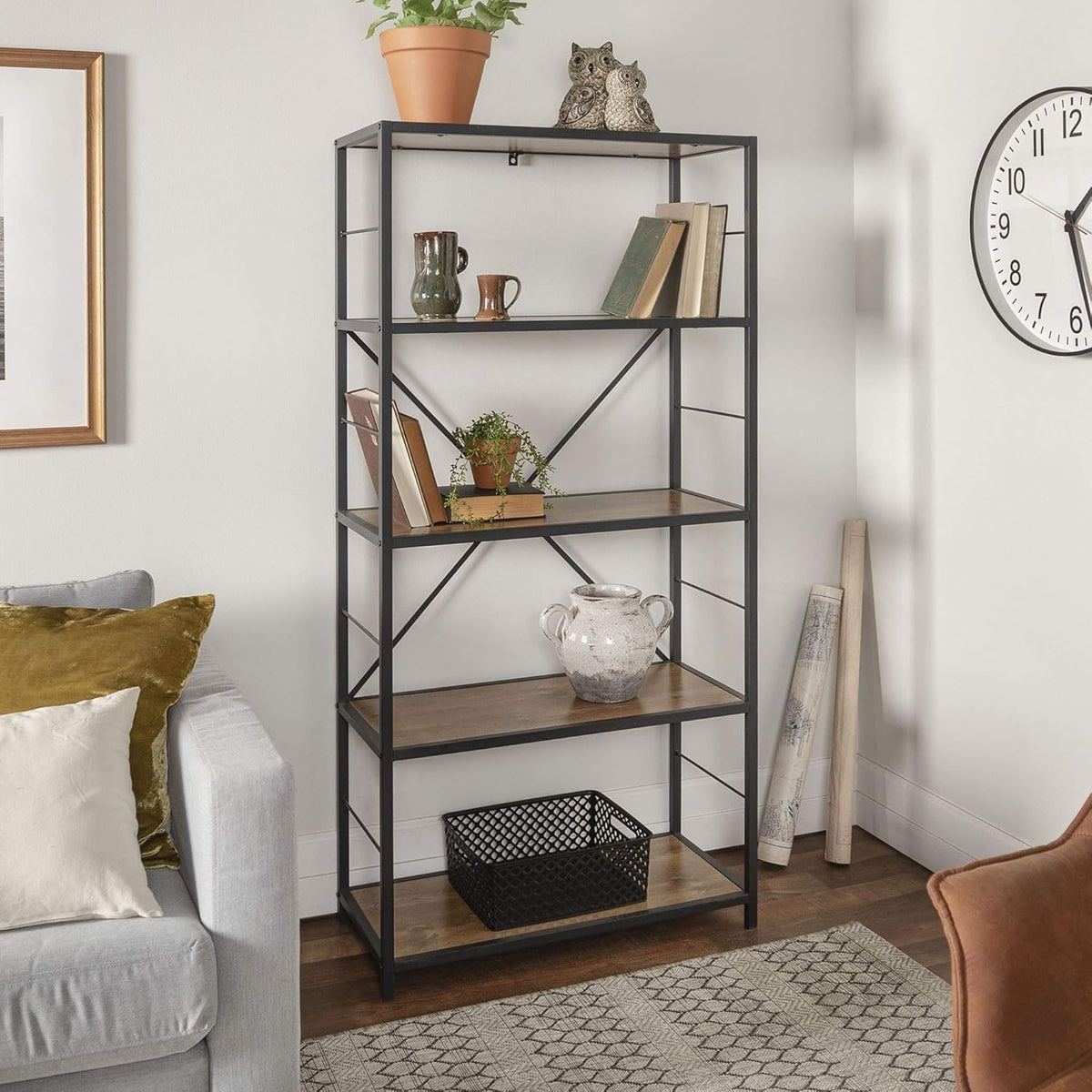 4 Tier Rustic Wood Metal Bookcase Y10378