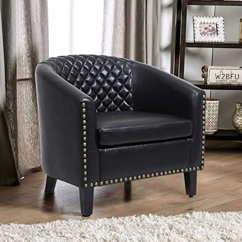 Brown Leather Tufted Barrel Chair with Wood Legs Z9593
