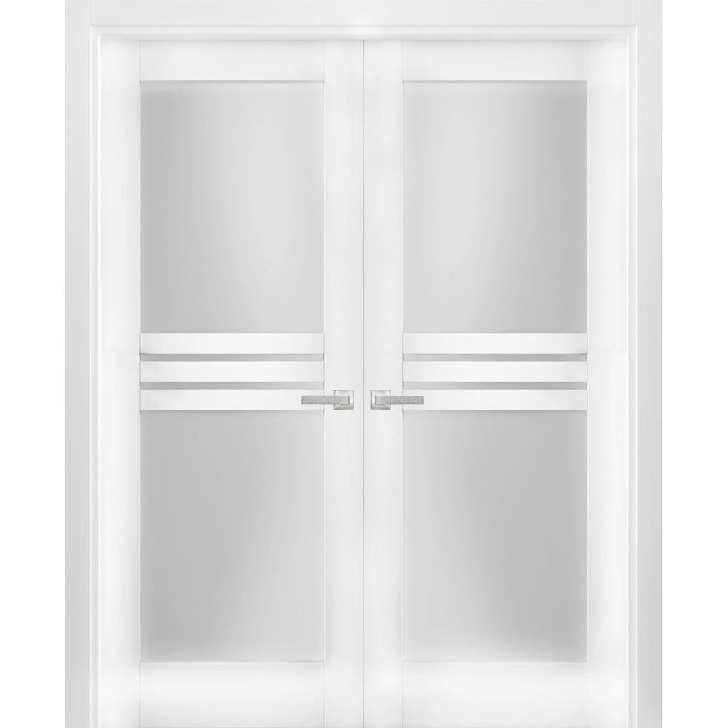 Solid French Double Doors 72 x 80 inches Opaque Glass 4 Lites Wood Solid Panel Frame X488999