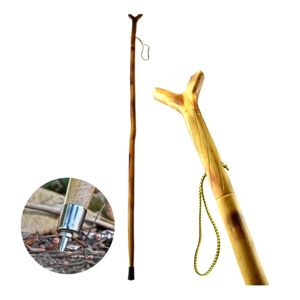 Natural Wood Walking Stick with Steel Spike and Metal-Reinforced Tip Cover, 55" K373422