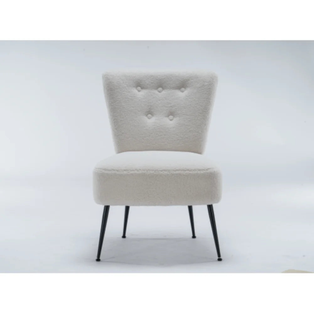 Ivory White Tufted Teddy Fabric Slipper Chair with Black Metal Legs W448520
