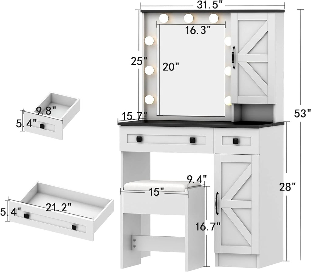 31.5" Makeup Vanity Desk with Lights and Bench Set E592