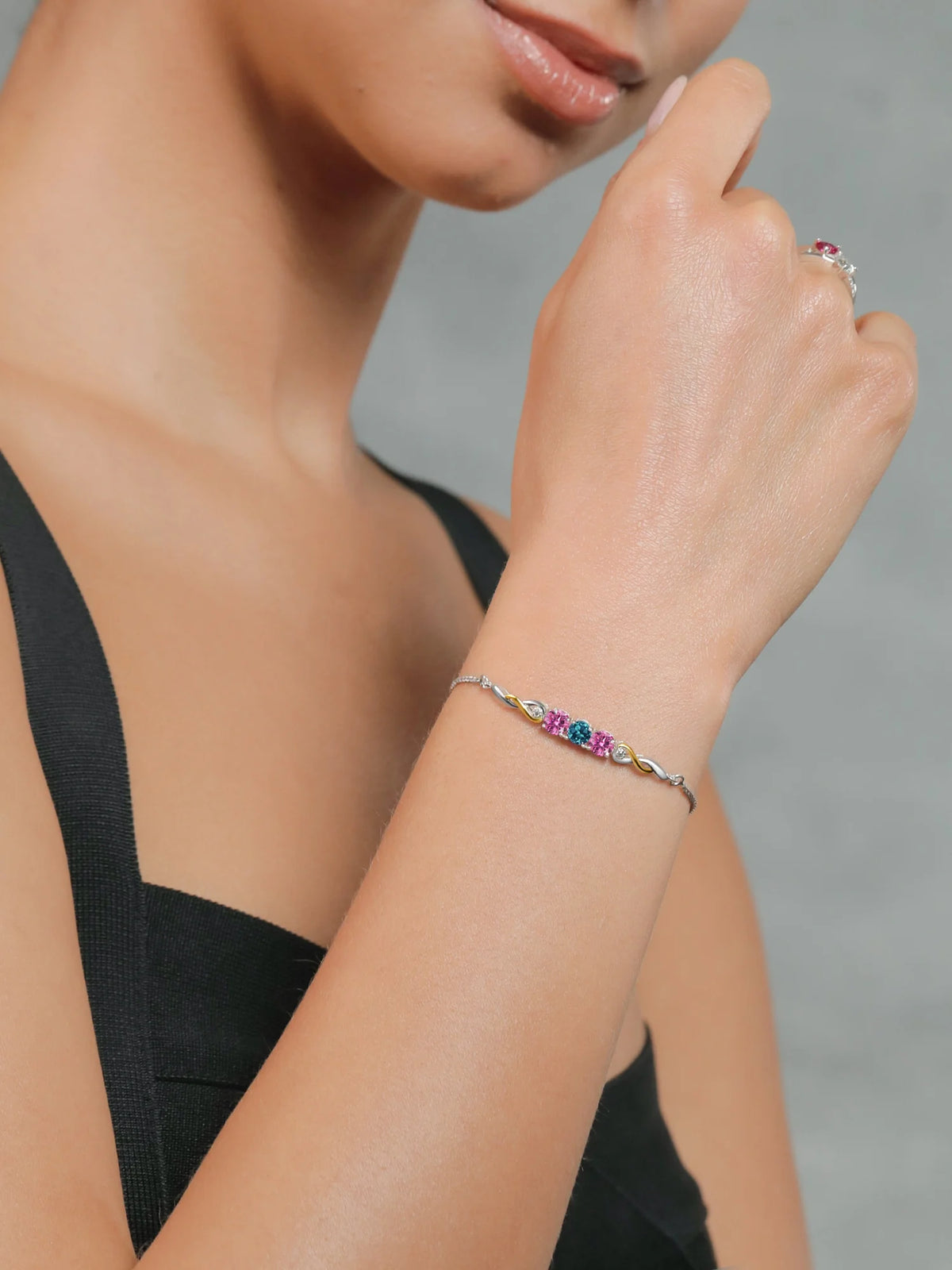 925 Sterling Silver 10K Yellow Gold Pink Moissanite London Blue Topaz White Lab Grown Diamond Tennis Bracelet W28372