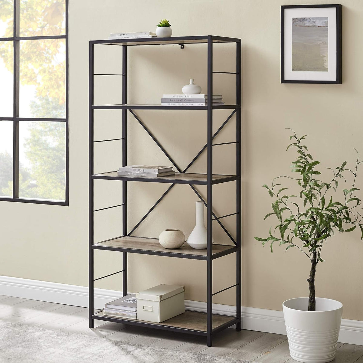4 Tier Rustic Wood Metal Bookcase Y10378
