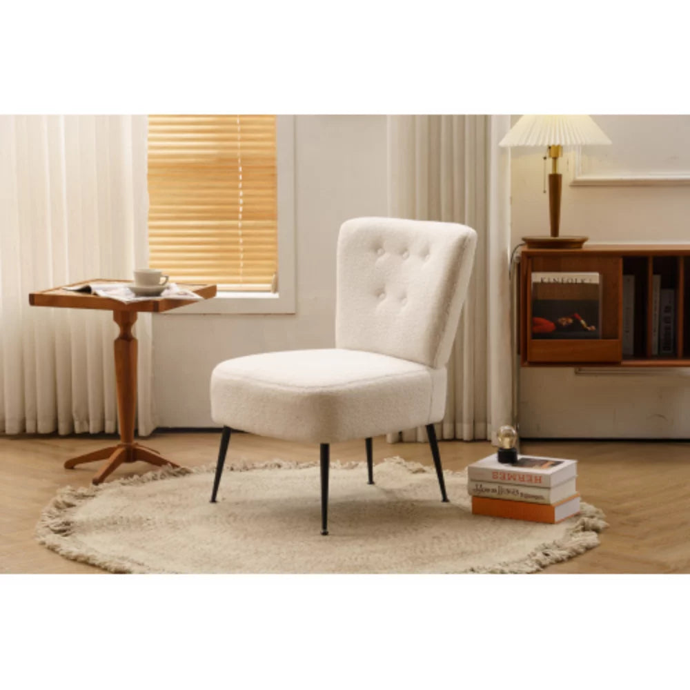 Ivory White Tufted Teddy Fabric Slipper Chair with Black Metal Legs W448520