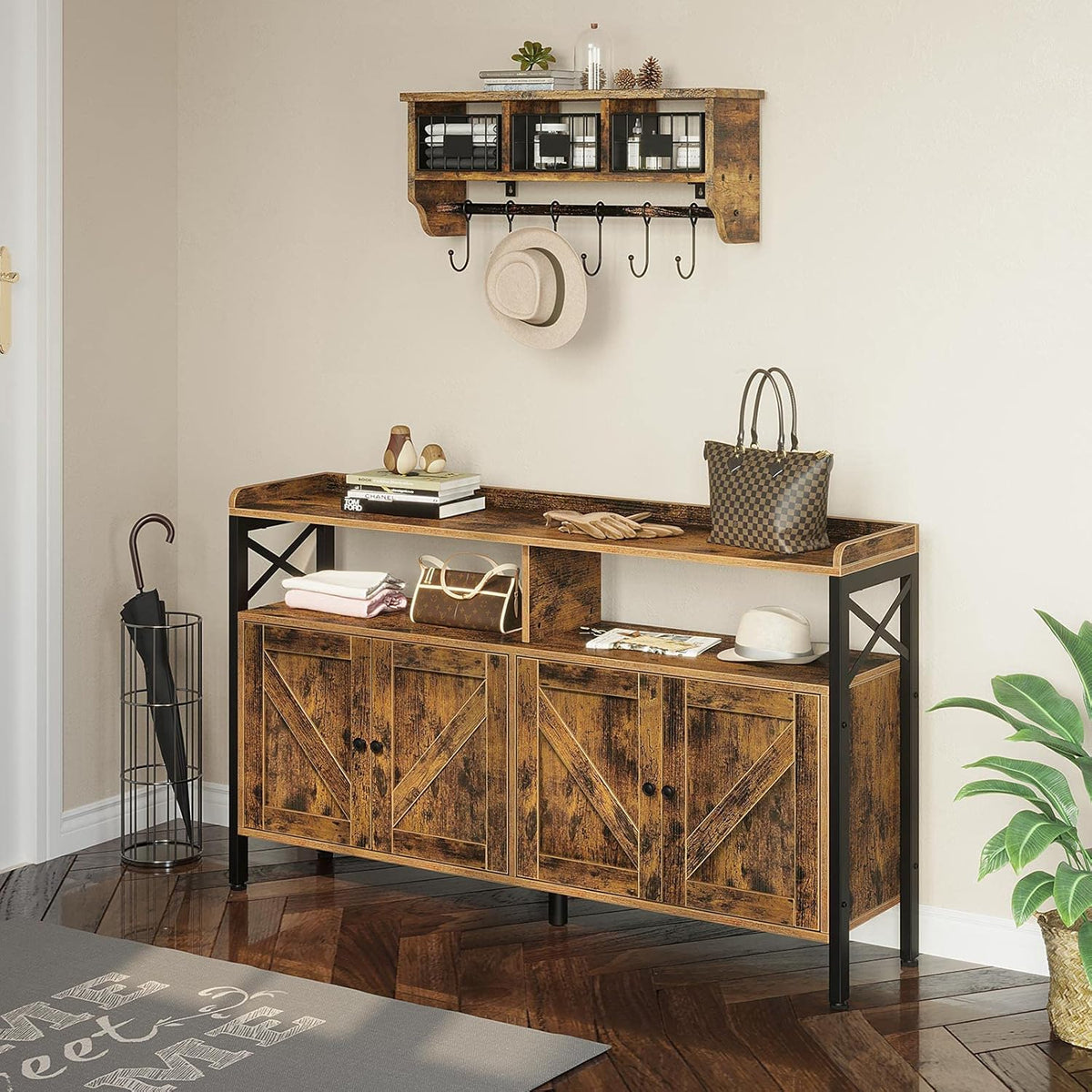 Rustic Brown Console Table with Cabinet and Open Shelf Y314051