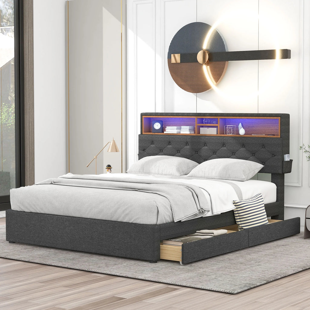 Upholstered Full Platform Bed with Shelf and 2 Drawers P6897