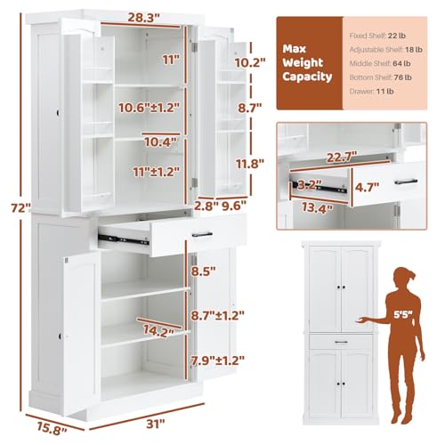 White 72" Kitchen Pantry Cabinet with 4 Doors and 1 Drawer R882