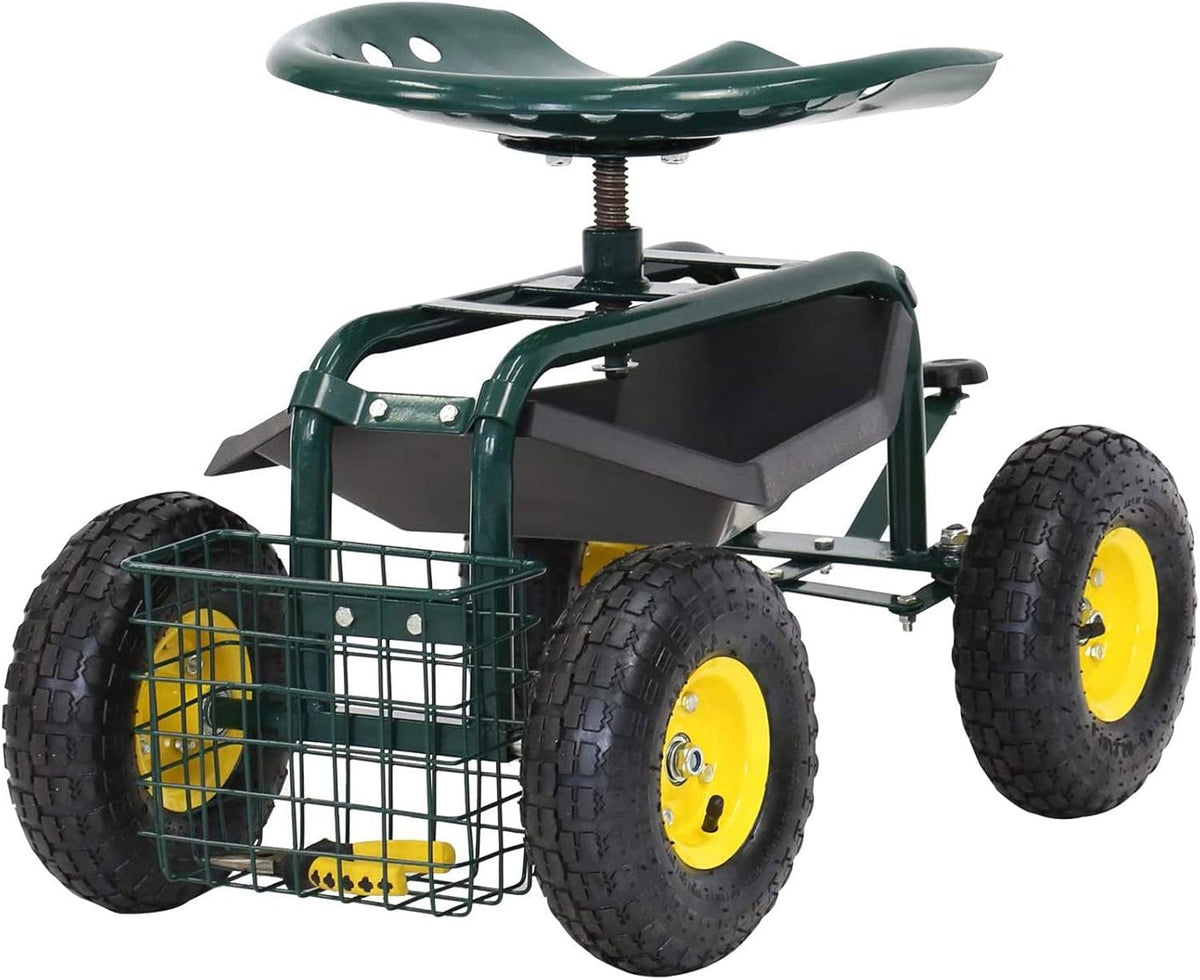 Rolling Garden Stool Cart with Tool Storage Utility Basket T282