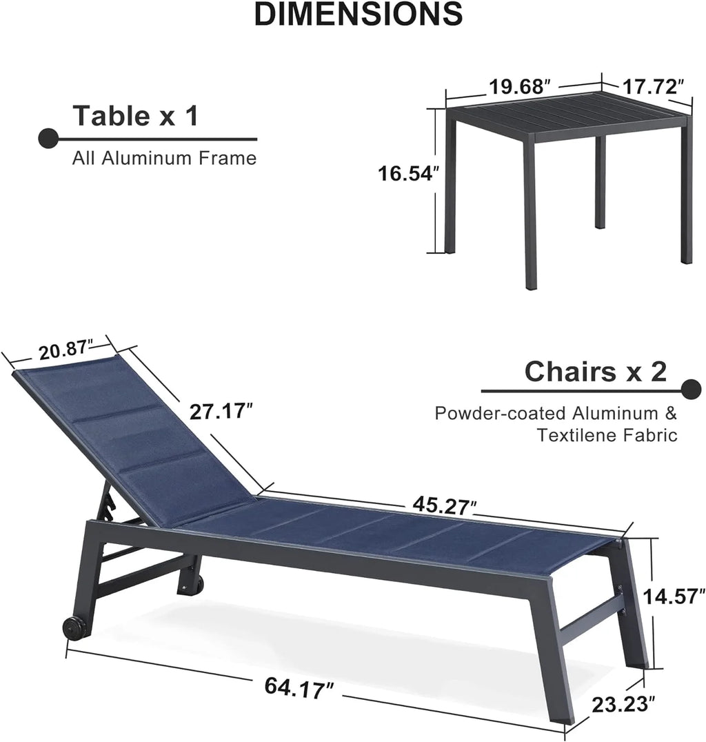 Navy Blue Aluminum 3 Piece Chaise Lounge Set with Wheels and Side Table Y4401