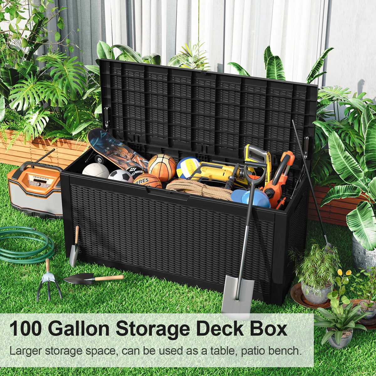 100 Gallon Waterproof Rattan Resin Outdoor Storage Deck Box with Divider W5384