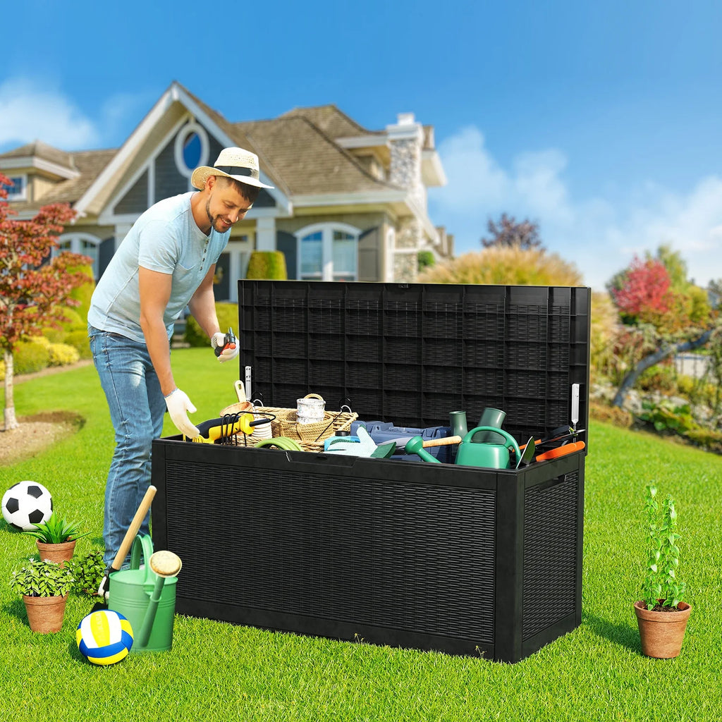 100 Gallon Waterproof Rattan Resin Outdoor Storage Deck Box with Divider W5384