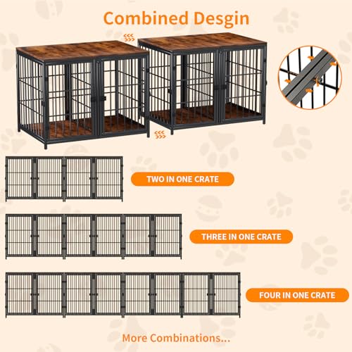 84inch Wooden Dog Crate with Three Doors and Removable Tray Rustic Brown H776