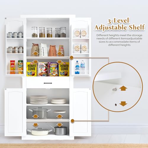 White 72" Kitchen Pantry Cabinet with 4 Doors and 1 Drawer R882