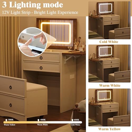 Rustic White Vanity Set with Lighted Mirror and Stool T656695
