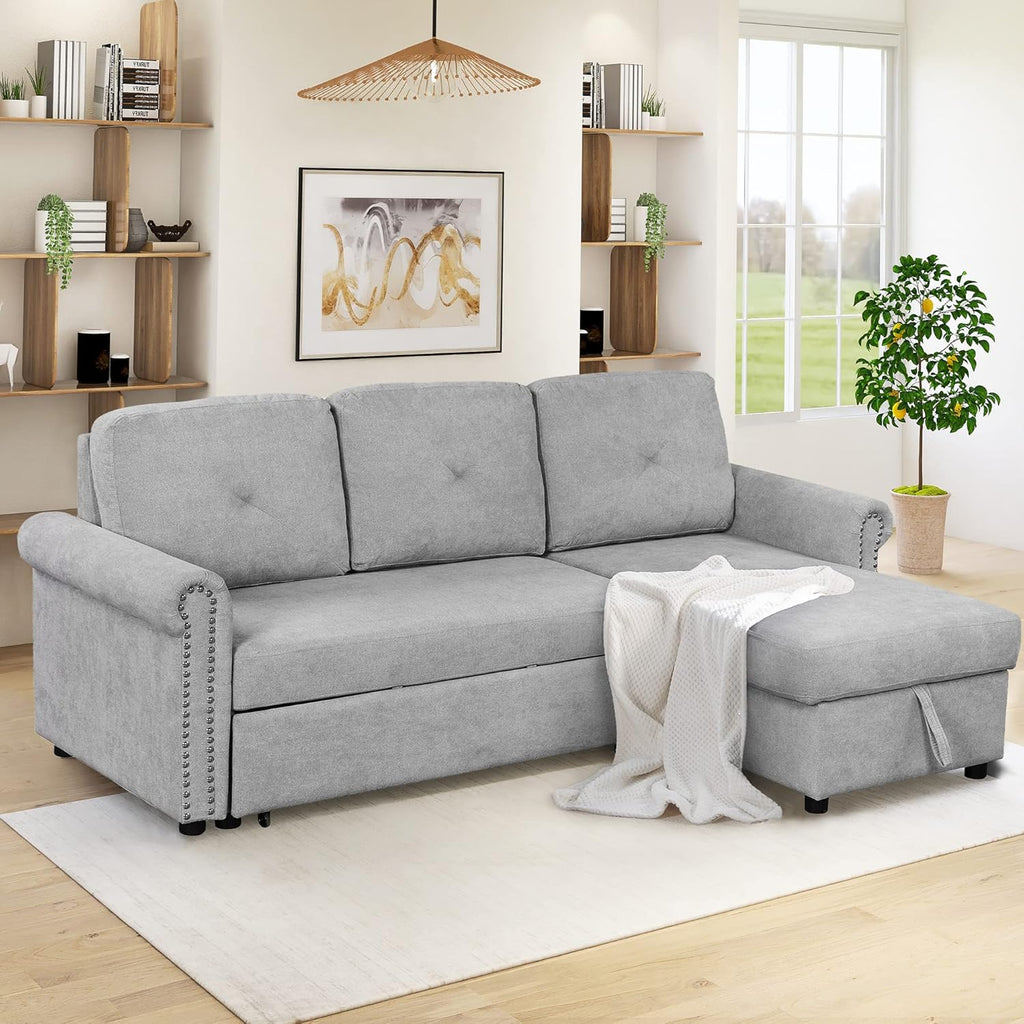 Gray Modular Convertible Sleeper Sofa Bed with Storage Chaise M41584