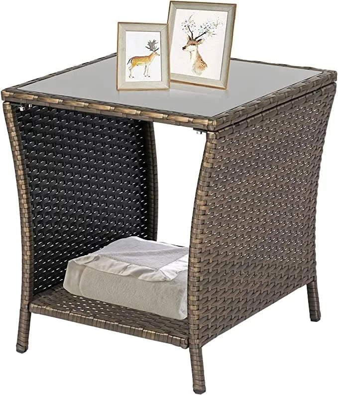 Square Wicker Bistro Table with Black Glass Top J169358