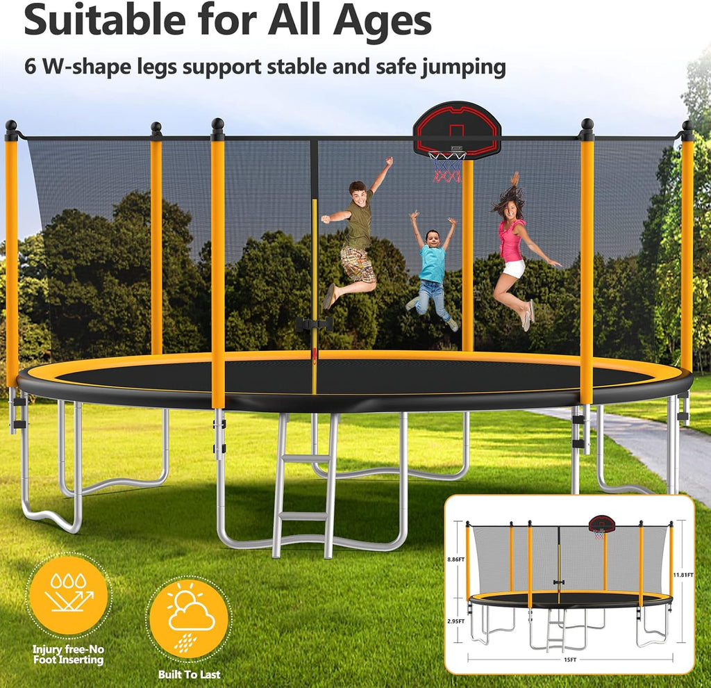 Orange 15FT Trampoline with Enclosure Net and Basketball Hoop Y89557