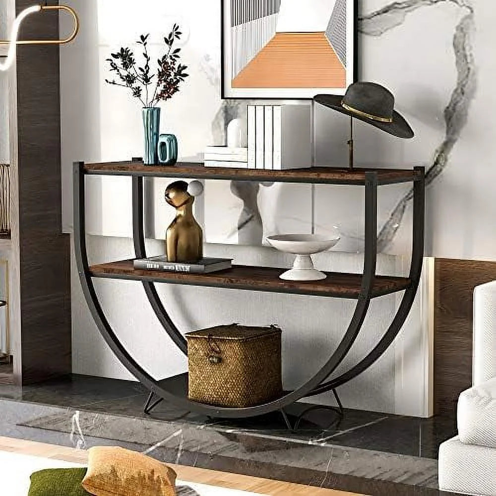 48" Demilune Shape Console Table with Open Shelf Rustic Brown X1115