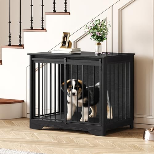 Rustic Brown Wooden Dog Crate Furniture with Barn Door X67782