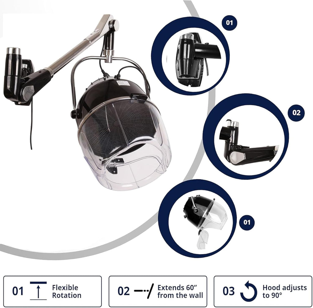 Retractable Wall Mounted Hair Hood Dryer with Flexible Swivel Arm Q859788